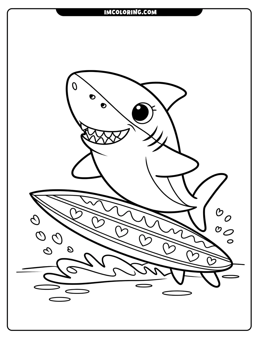 Line art of a cartoon shark surfing on a heart-decorated surfboard.