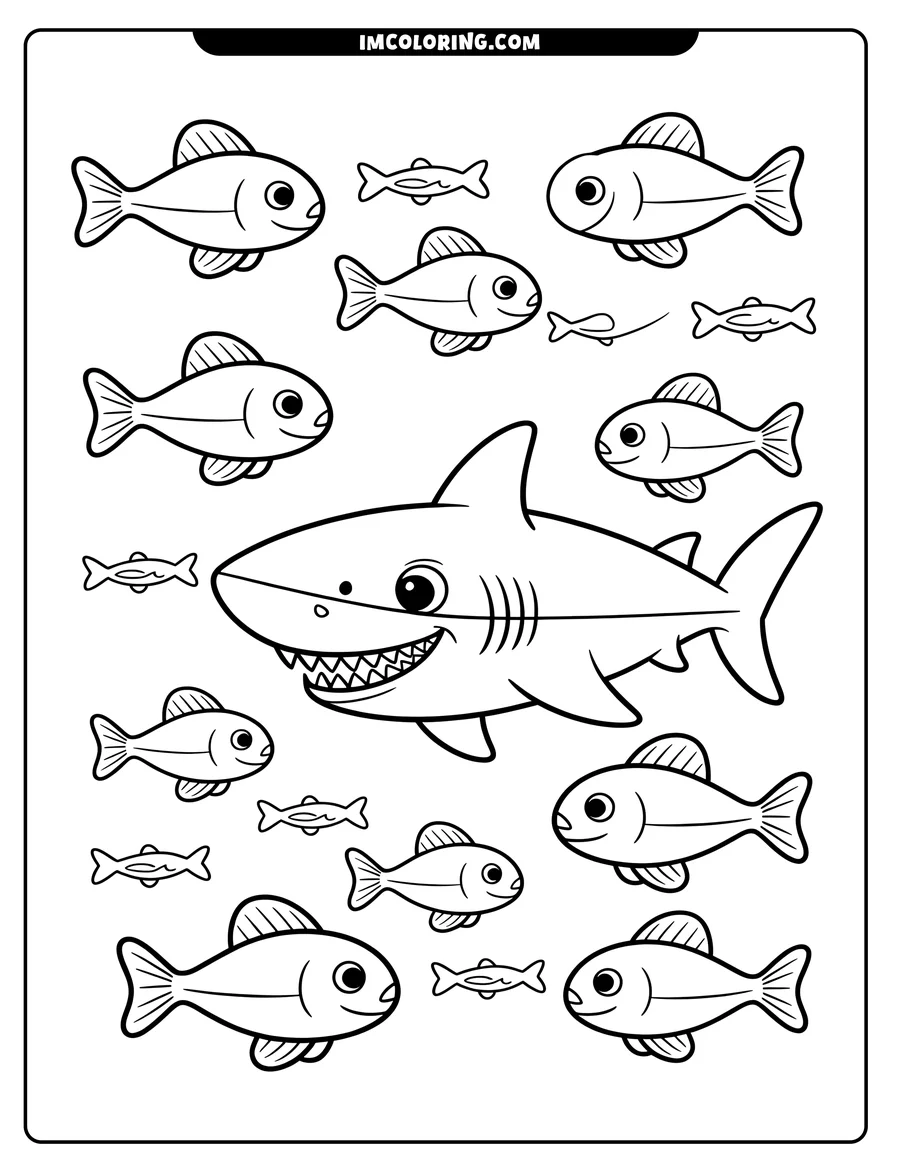 Line art of a cartoon shark surrounded by smaller fish. The shark is smiling and has large, friendly eyes.