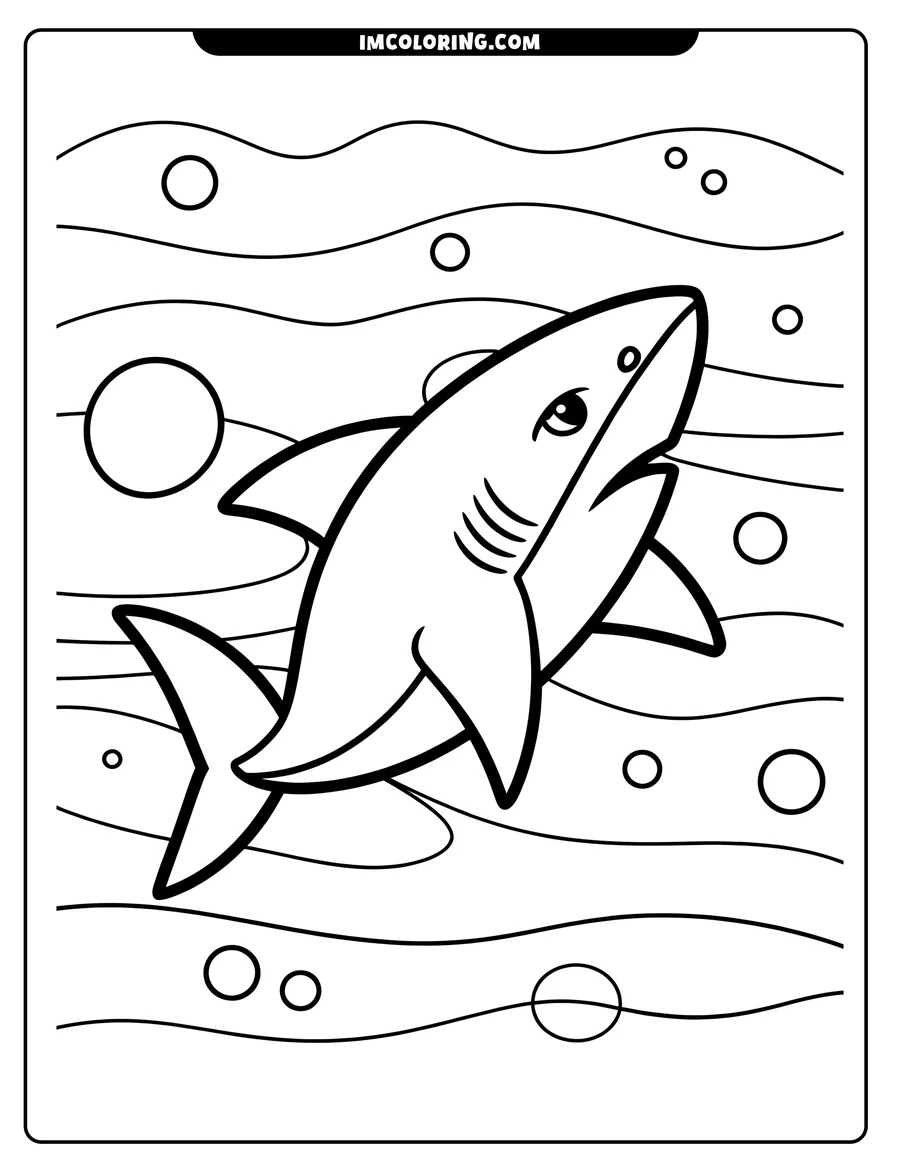 Line art of a shark swimming in the ocean with bubbles floating around.