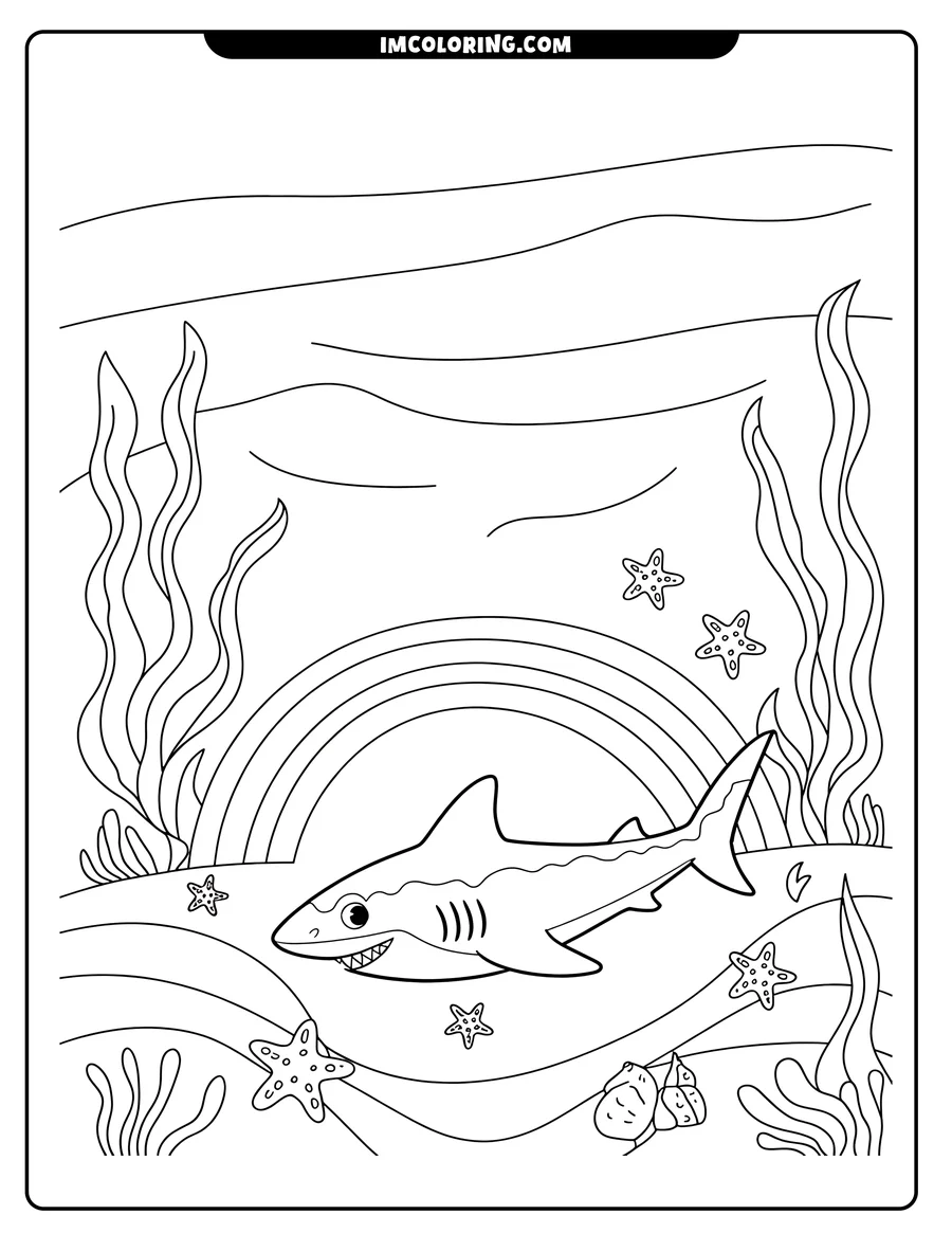 Line art of a shark swimming underwater near a rainbow, starfish, seashells, and seaweed.