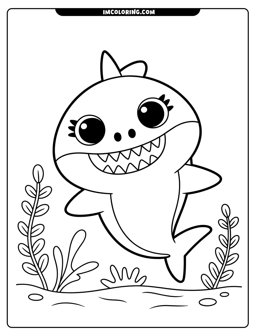 Line art of a cartoon shark swimming underwater, surrounded by seaweed.
