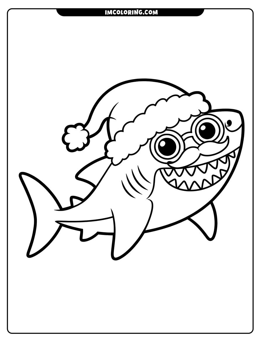 Line art of a cartoon shark wearing a Santa hat, with large eyes and a mustache.