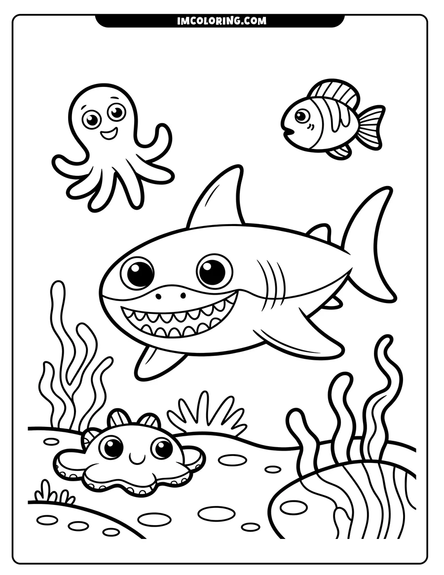Line art of a friendly cartoon shark swimming in the ocean with two octopuses and a fish. Seaweed decorates the seabed.