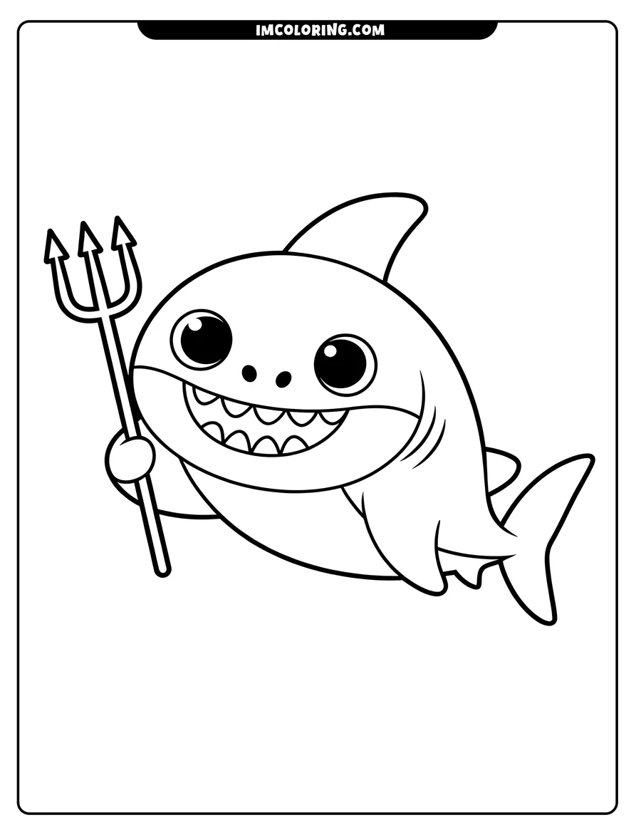 Line art of a cartoon shark holding a trident. The shark has large, friendly eyes and a big smile.