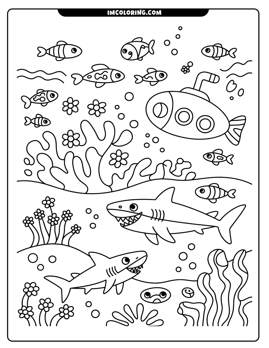 Line art of two sharks swimming underwater with a submarine, other fish, and sea plants.