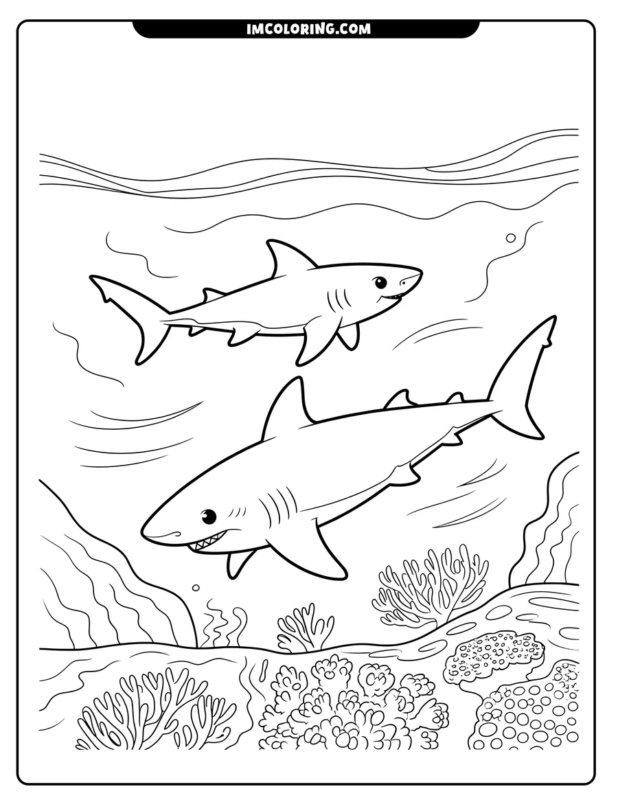 Line art of two sharks swimming near a coral reef on the ocean floor. The sharks appear friendly. Various types of coral are visible.