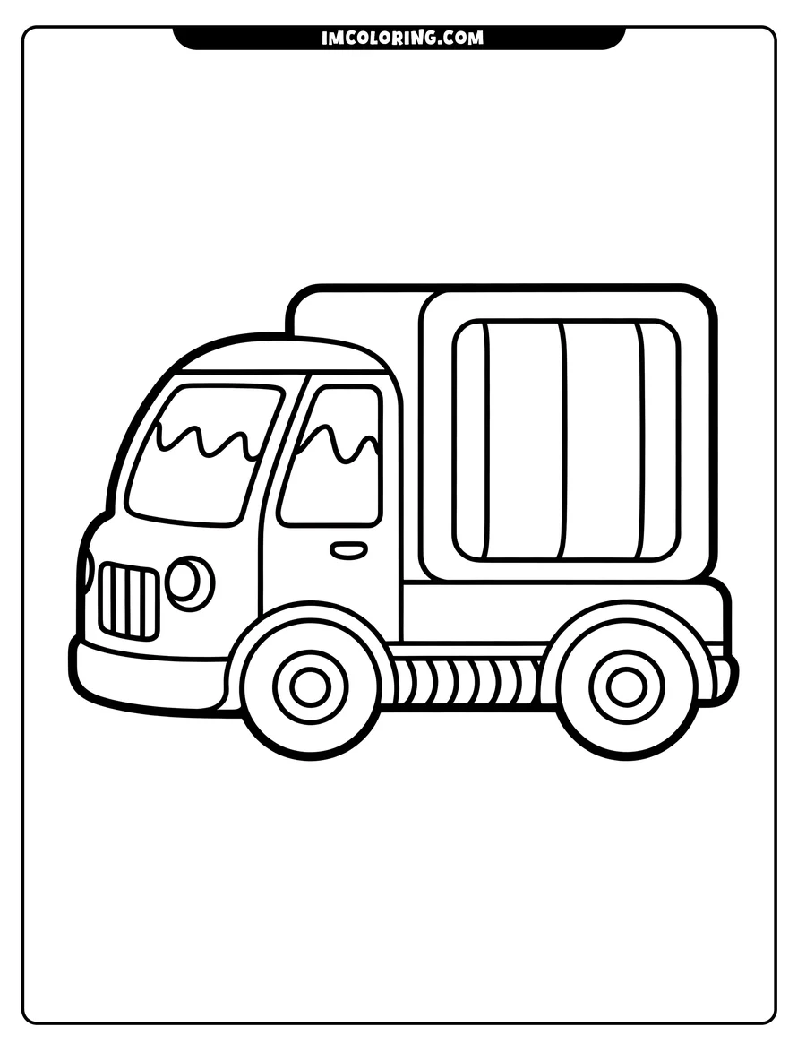 Line art of a simple delivery truck with a wavy window design and a cargo area with three sections.