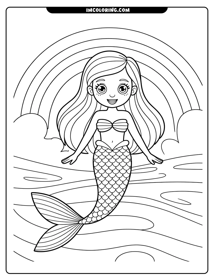 Line art of a smiling mermaid with long hair and a scaled tail, floating beneath a rainbow in a calm ocean. Clouds frame the rainbow on either side.