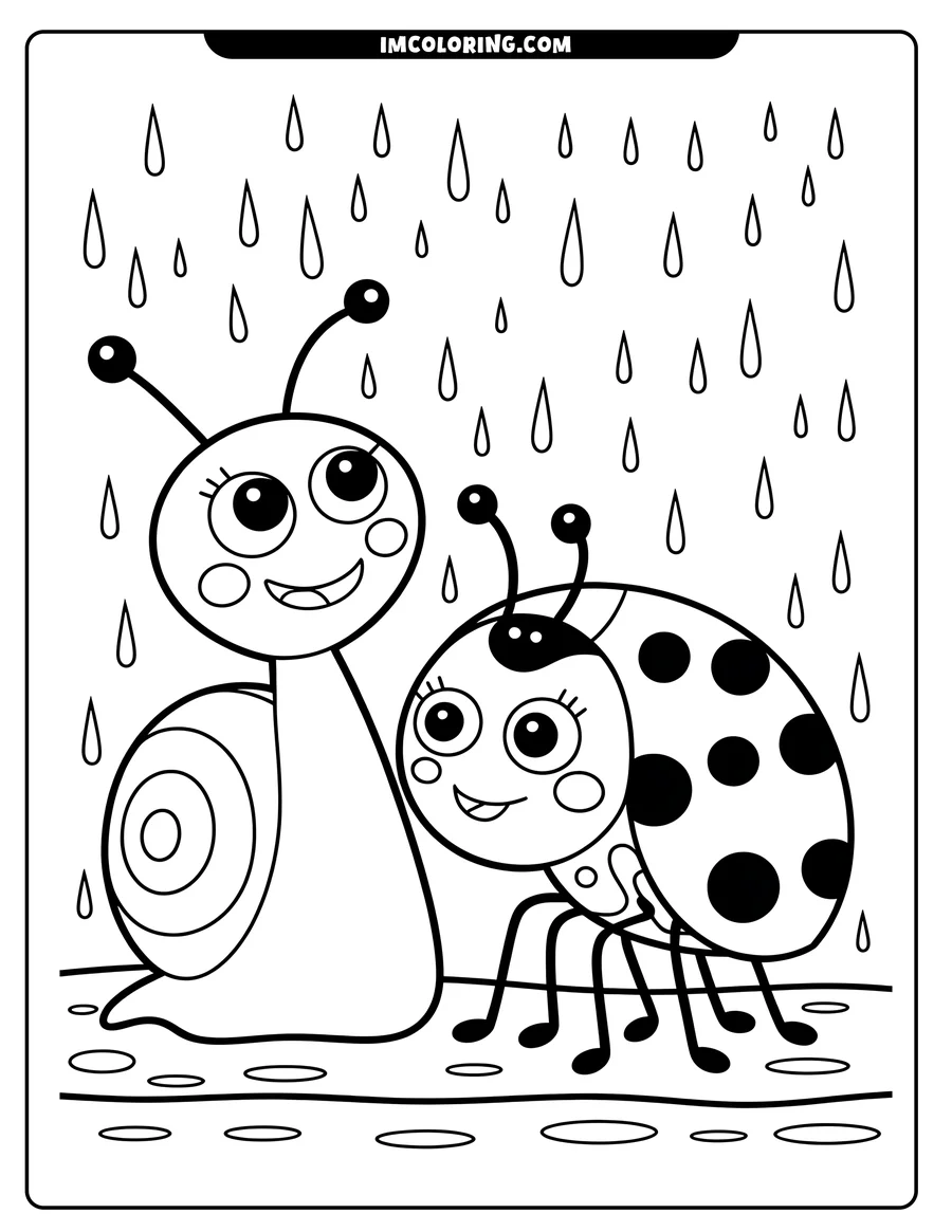 Outline of a snail and a ladybug in the rain. Raindrops are falling and puddles are on the ground.