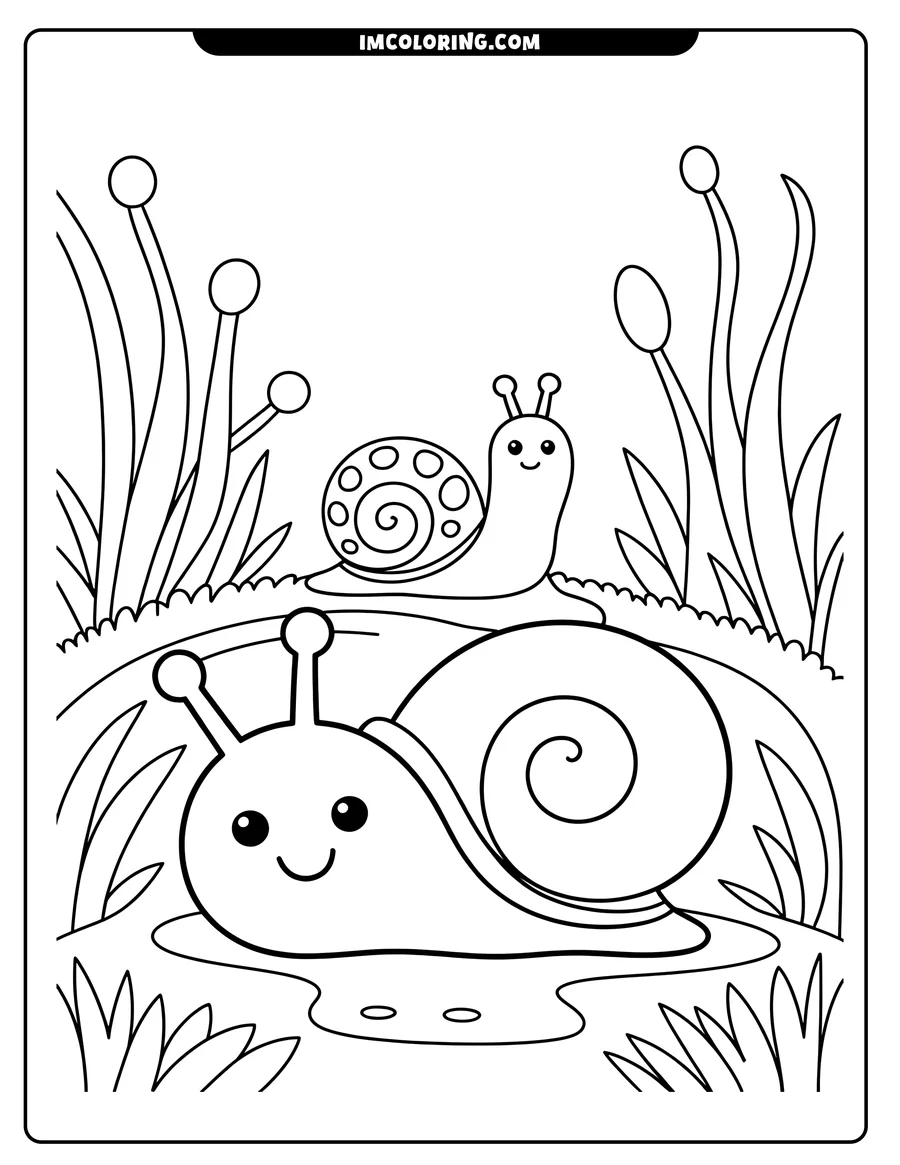 Line drawing of two snails in the grass. One snail is in the foreground, and a smaller one is slightly behind. Simple details and happy faces make it a perfect coloring page for nature lovers.