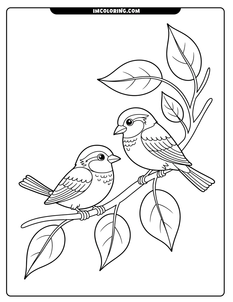 Two sparrows perched on a branch with leaves.