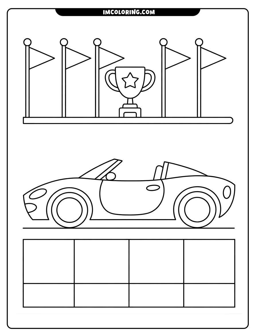 Outline drawing of a sports car parked at the finish line, complete with a trophy and flags.