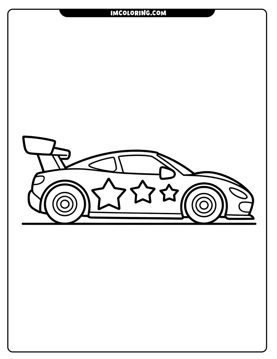 Outline of a sports car with stars on the side and a rear spoiler