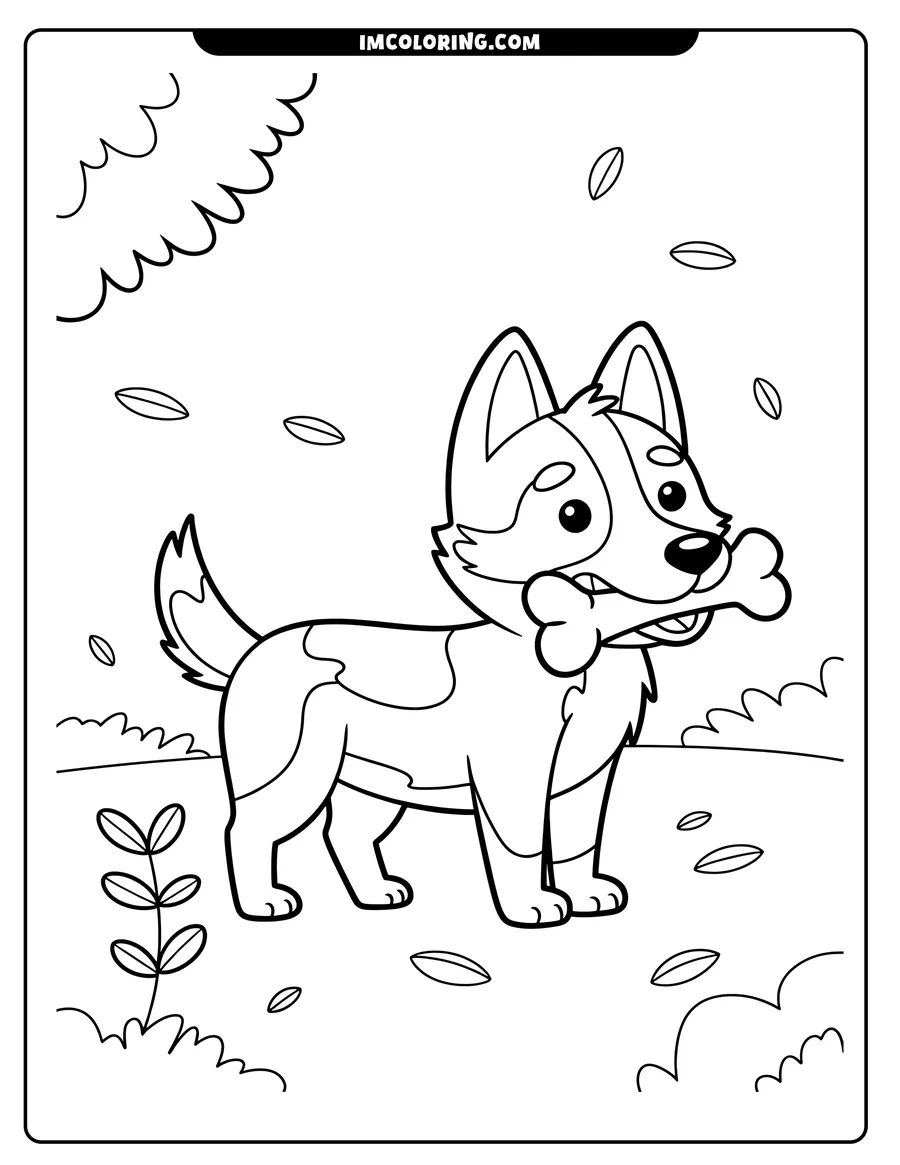 Line art of a happy, spotted dog chewing a bone in a simple outdoor setting with falling leaves.
