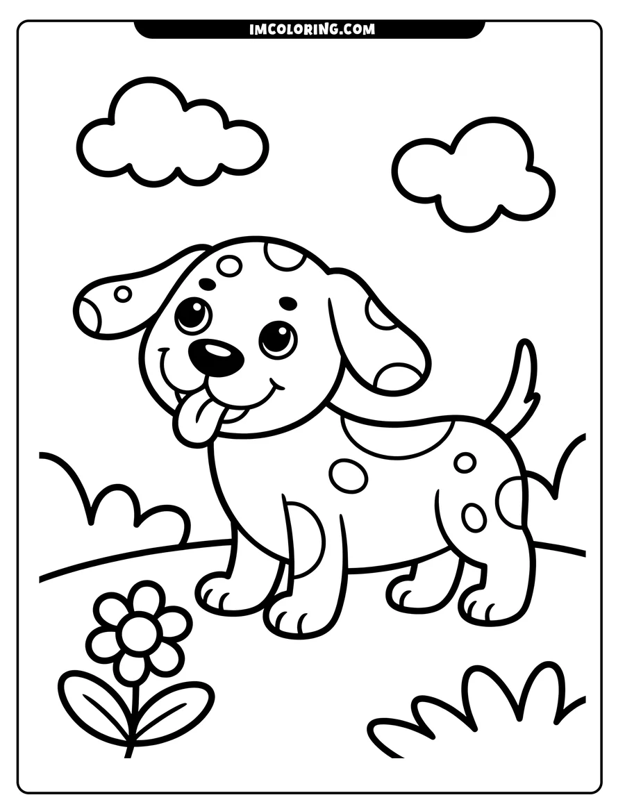 Outline of a spotted dog standing in a field with its tongue sticking out. There is a flower near the dog and simple clouds in the sky.