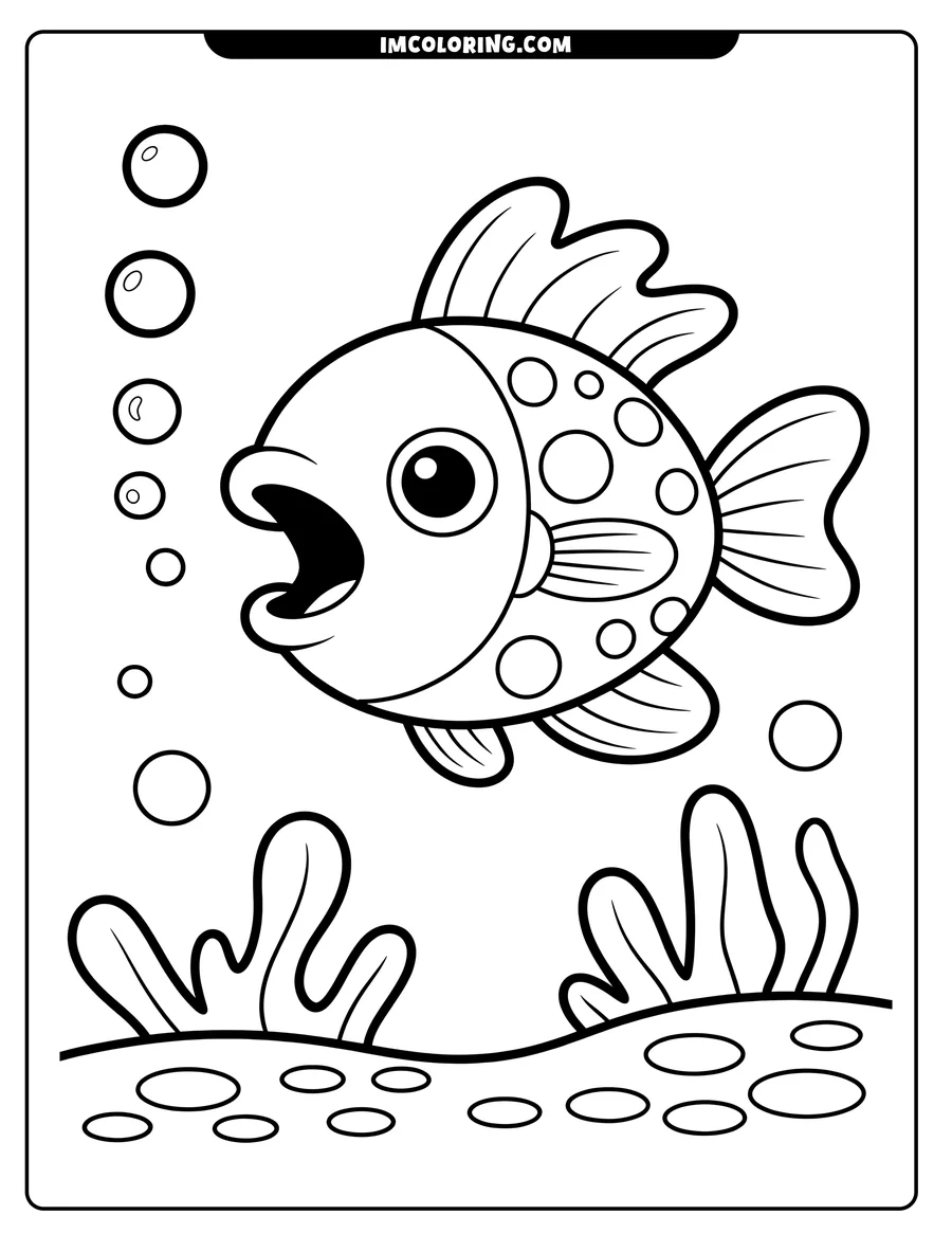 Outline of a spotted fish with its mouth open, swimming above seaweed on the ocean floor.