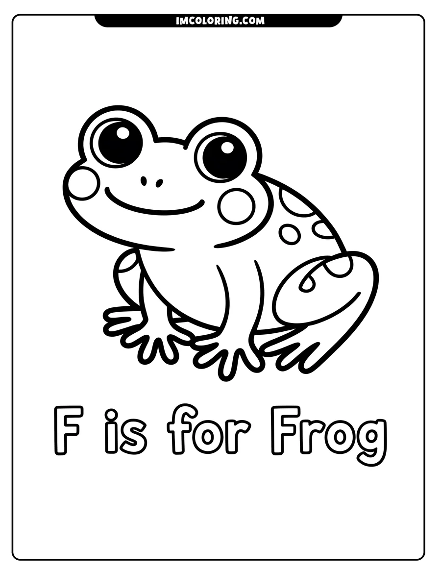 Outline drawing of a spotted frog sitting with the text 'F is for Frog' underneath.