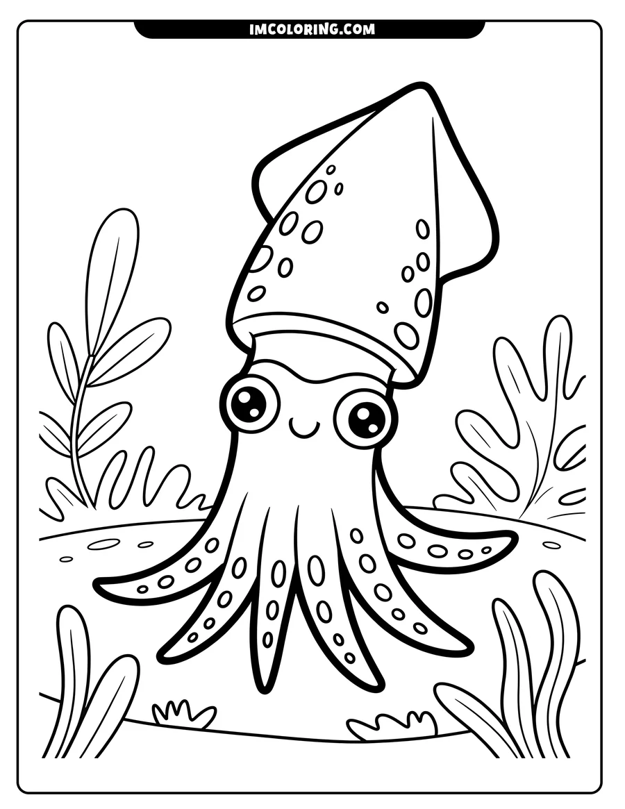 Outline drawing of a cartoon squid sitting on the ocean floor, surrounded by seaweed.