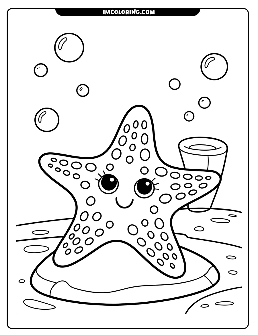 Outline of a cartoon starfish on the ocean floor, with some bubbles and a piece of coral nearby.