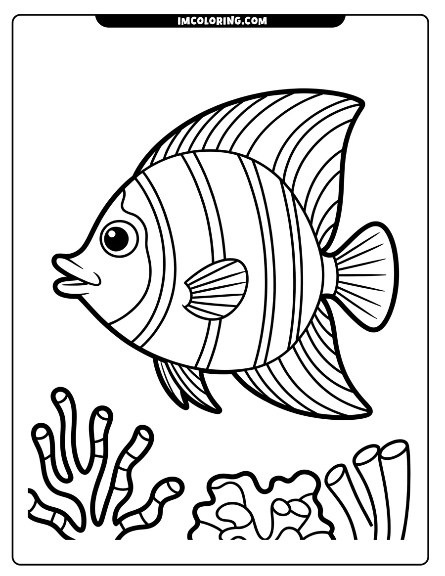 Line art of a striped fish swimming above coral and seaweed.