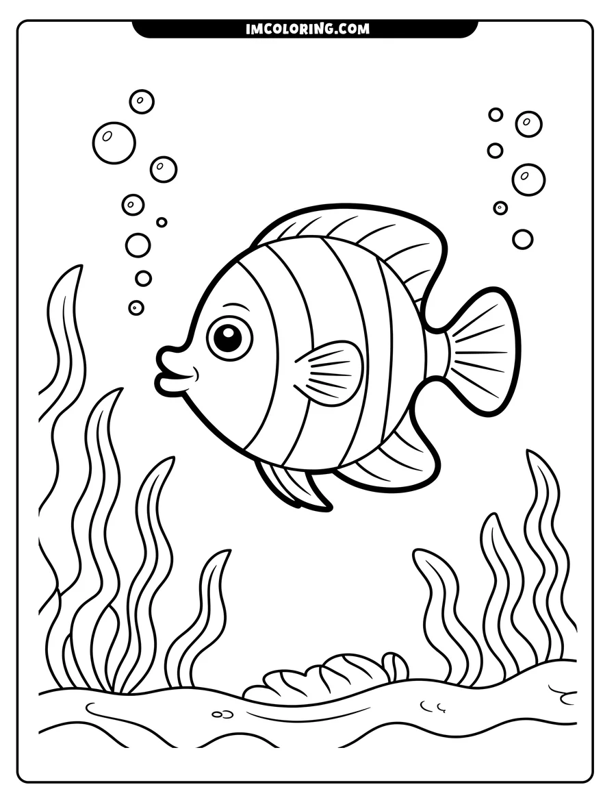 A striped fish swims underwater, surrounded by seaweed.