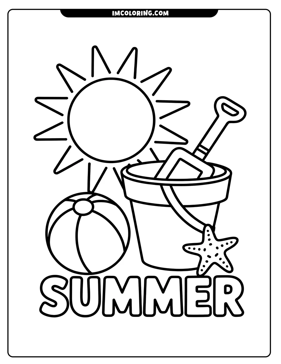 Line art depicting summer beach toys: a beach ball, a sand pail with shovel, a starfish, and a shining sun. The word