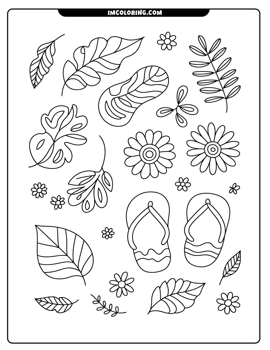 Line art of two pairs of flip-flops, assorted leaves, and flowers, evoking a summer theme.