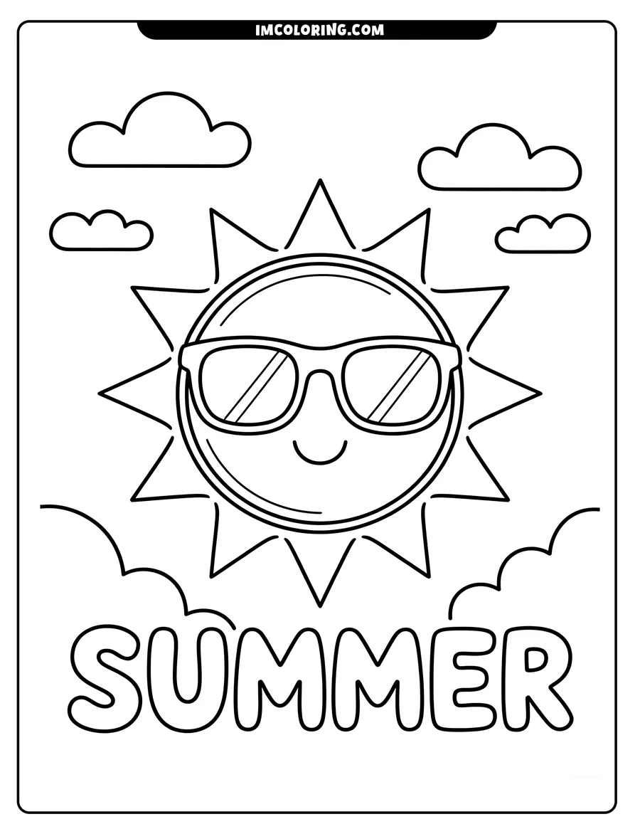 Outline of a smiling sun wearing sunglasses, surrounded by clouds, with the word