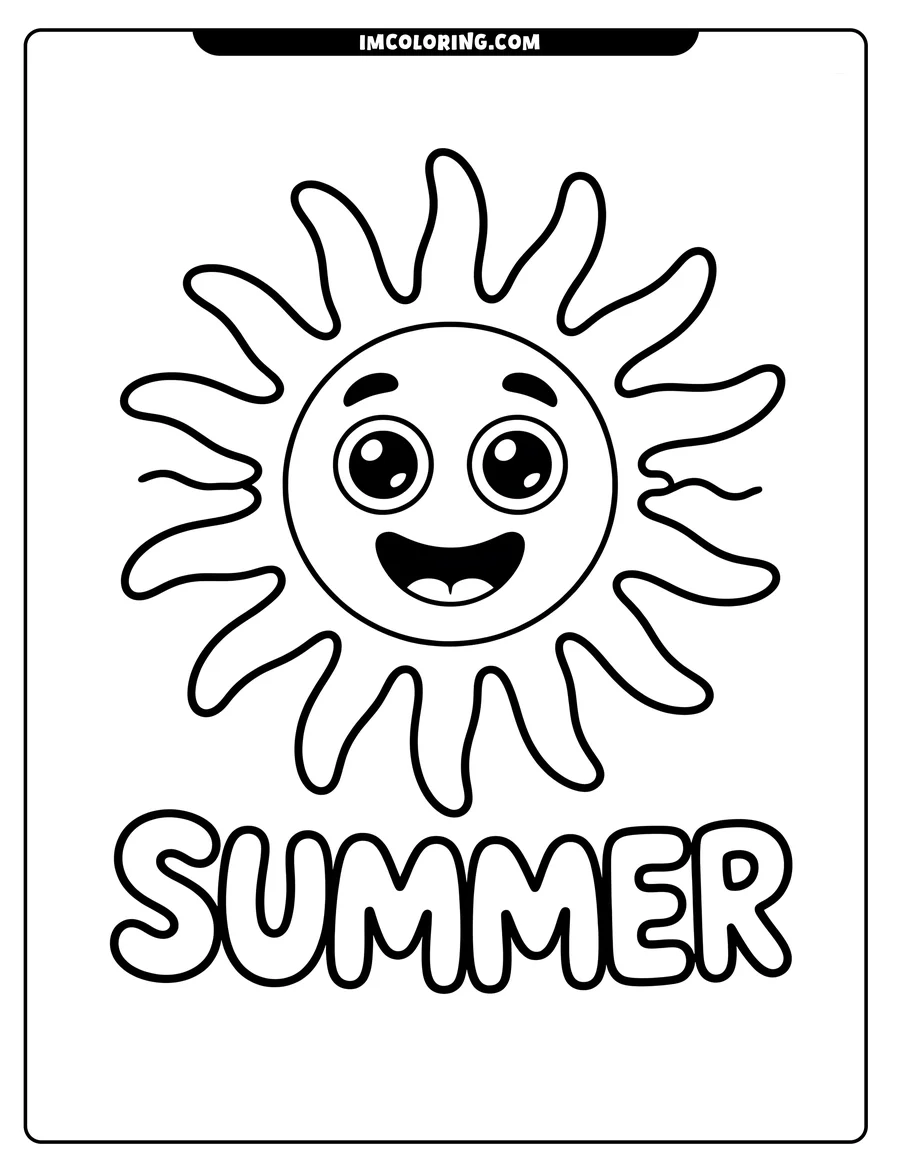 Line art of a cheerful cartoon sun with wavy rays. The word