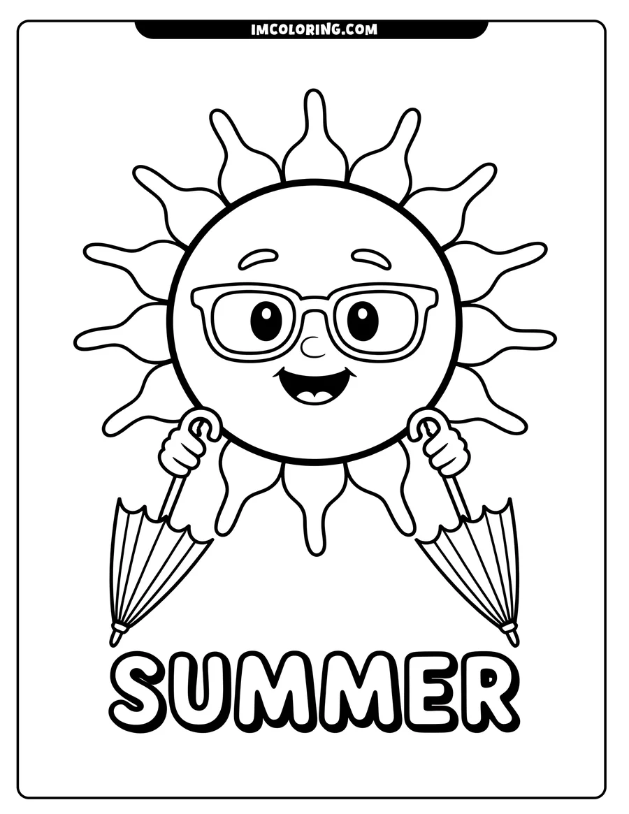 Line art of a smiling sun wearing glasses and holding two umbrellas. The word 'SUMMER' is written below.