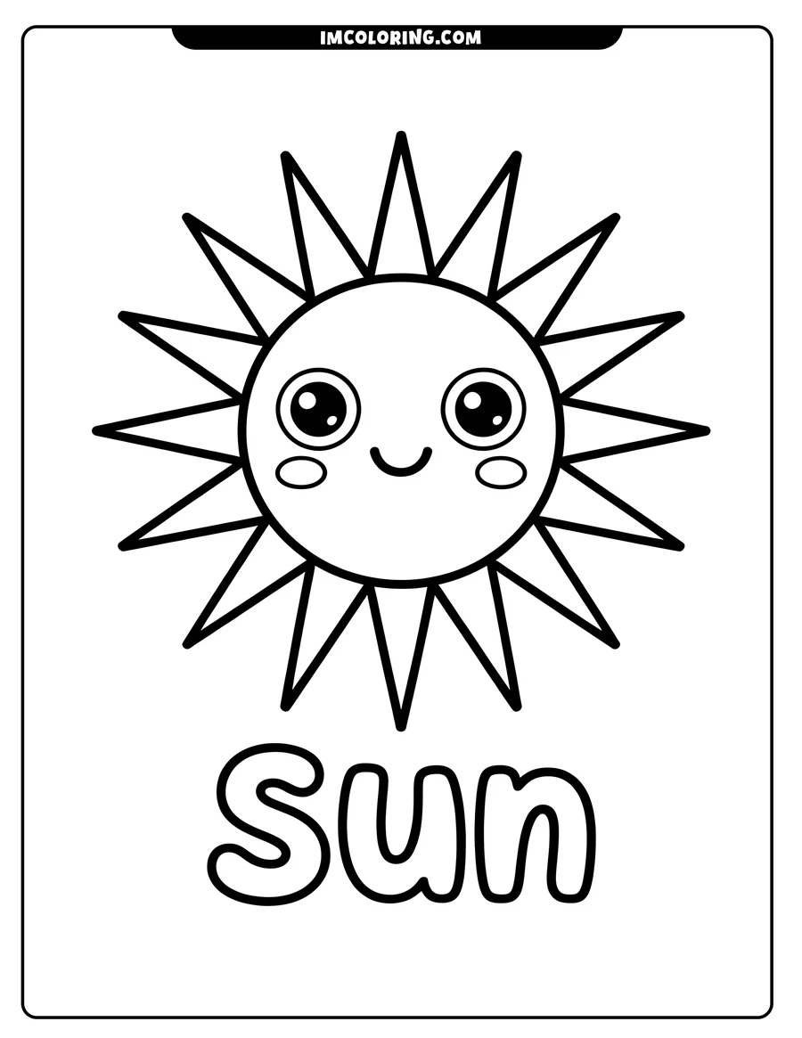 Simple line art of a smiling sun with large eyes, rosy cheeks, and triangular rays of light. The word