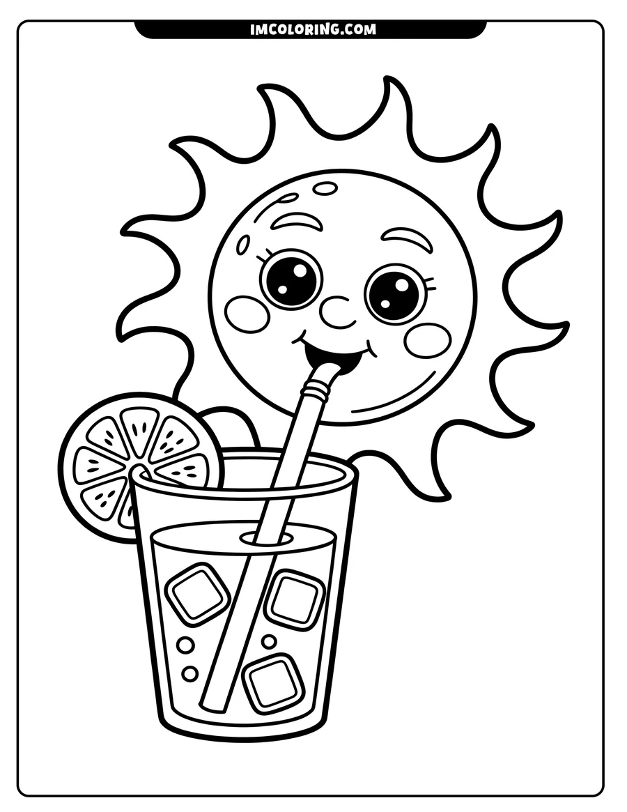 A cartoon sun happily drinks an iced beverage with a citrus garnish and ice cubes through a straw.
