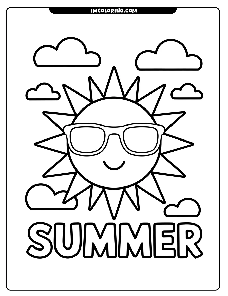 A cheerful cartoon sun wearing sunglasses, surrounded by fluffy clouds. Perfect for a summer coloring activity.