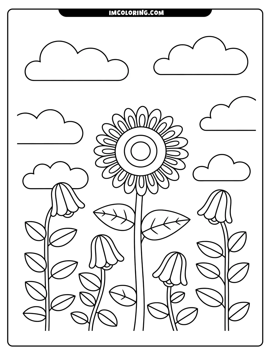 Outline of a sunflower and bellflowers with fluffy clouds in the background.