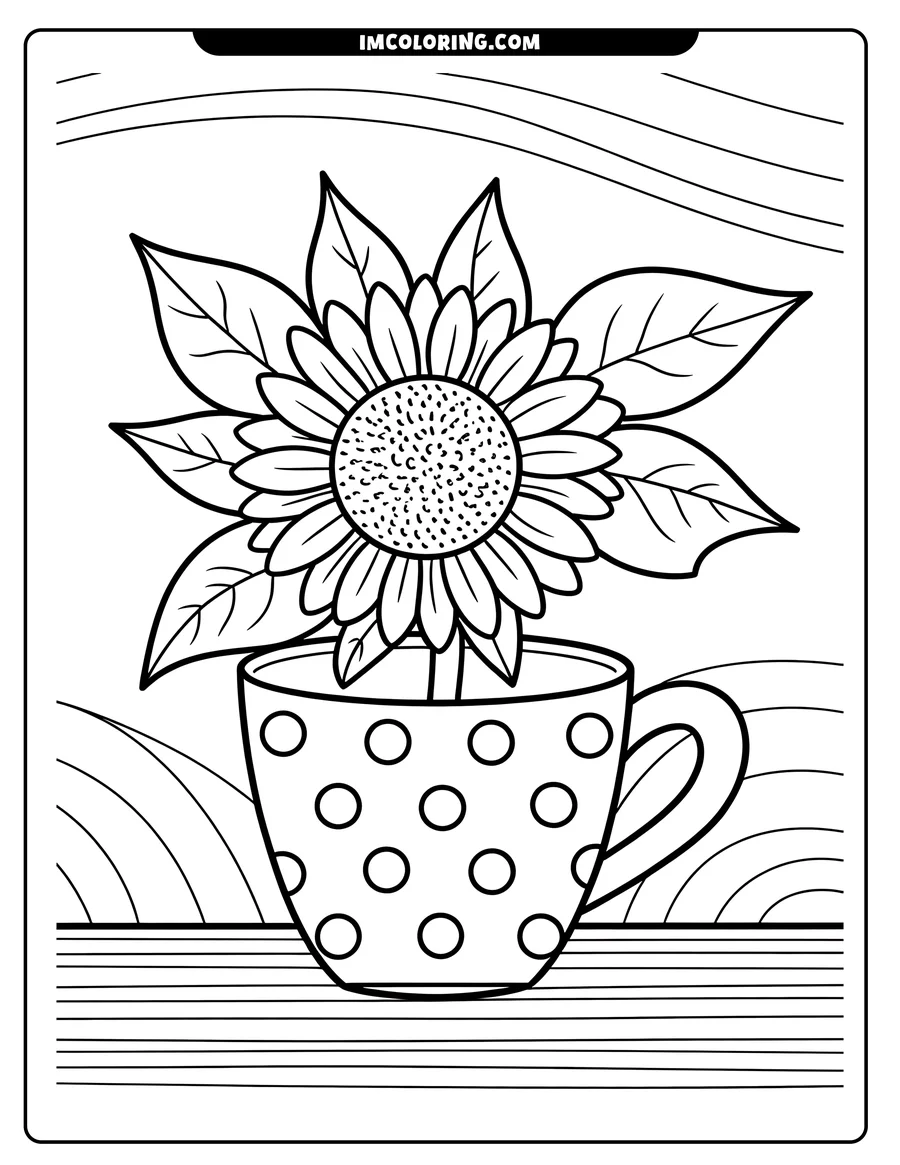 Outline of a sunflower in a polka dot mug on a striped table.