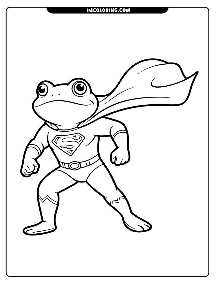 Line art of a frog wearing a superhero costume with a cape and an