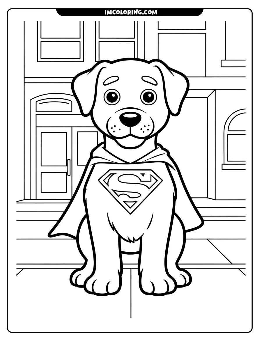 Line art of a dog wearing a superhero cape with an S on it, sitting in front of buildings.