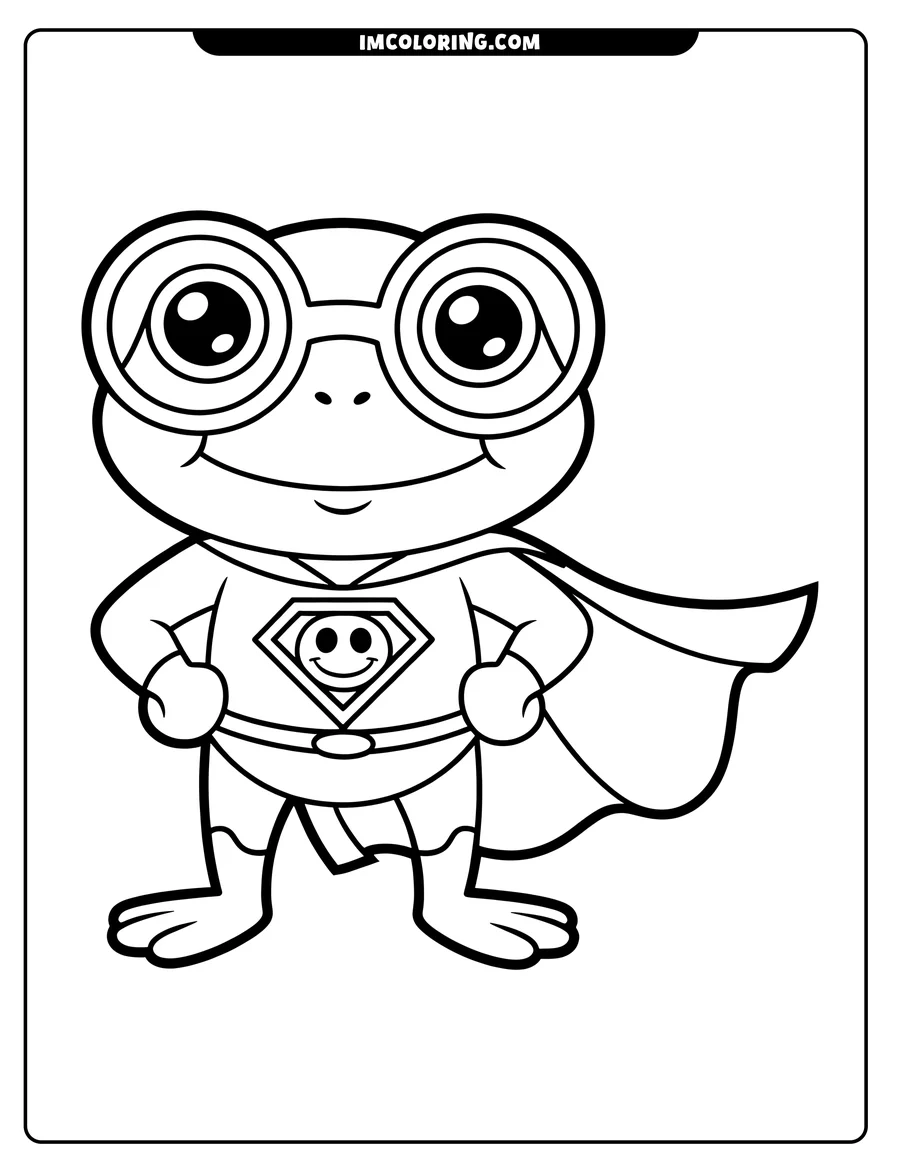 Line art of a frog wearing a superhero costume with a cape and large round glasses.