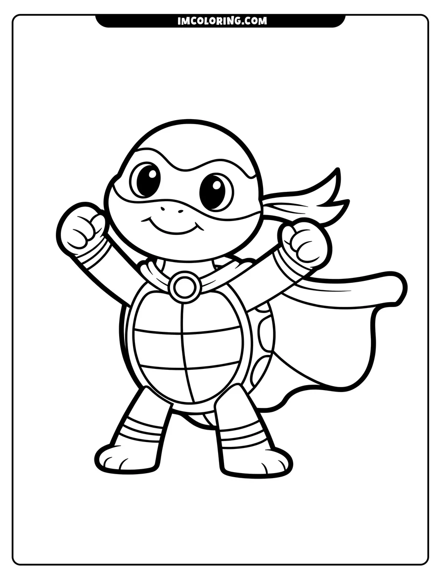 Line art of a cartoon superhero turtle with a cape and mask, standing with arms raised in a heroic pose.