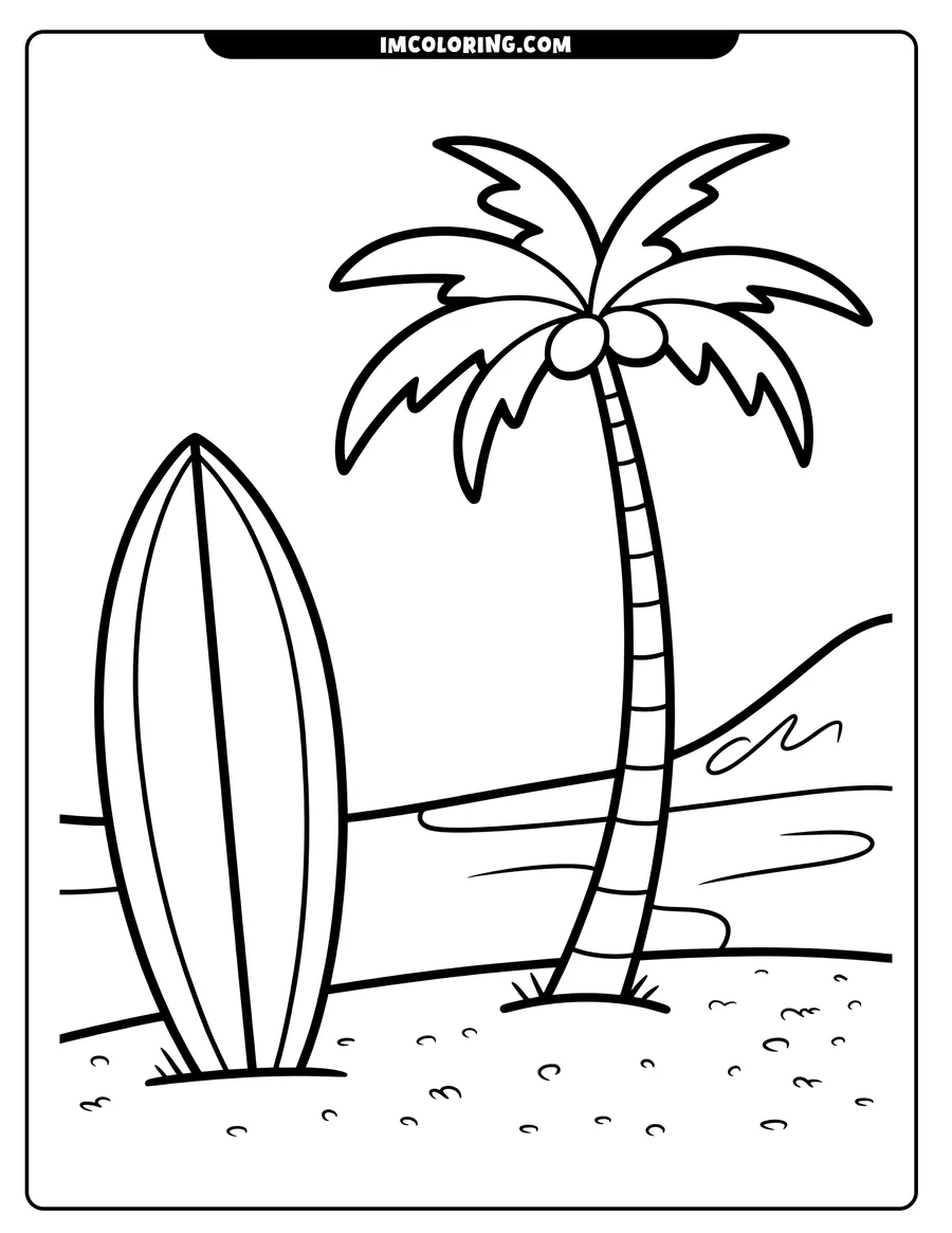 Line art of a surfboard leaning against a palm tree on a sandy beach, with the ocean and a distant shoreline in the background.