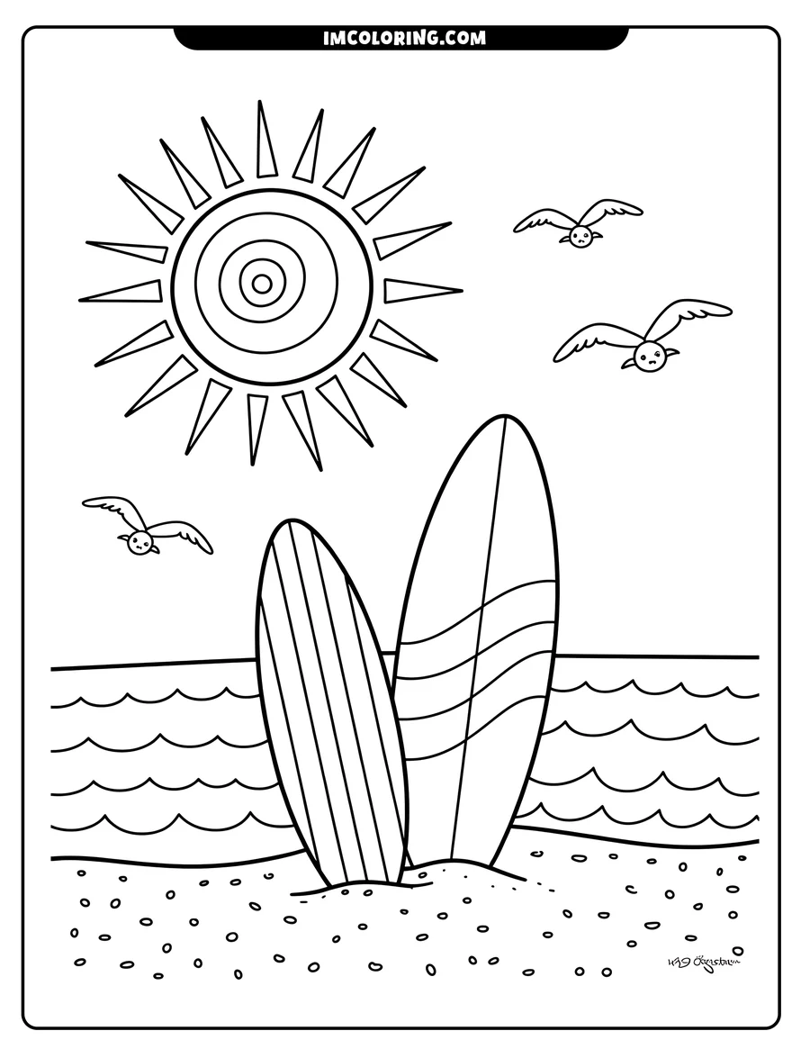 Two surfboards stand upright on a sandy beach, with a bright sun and three seagulls overhead.