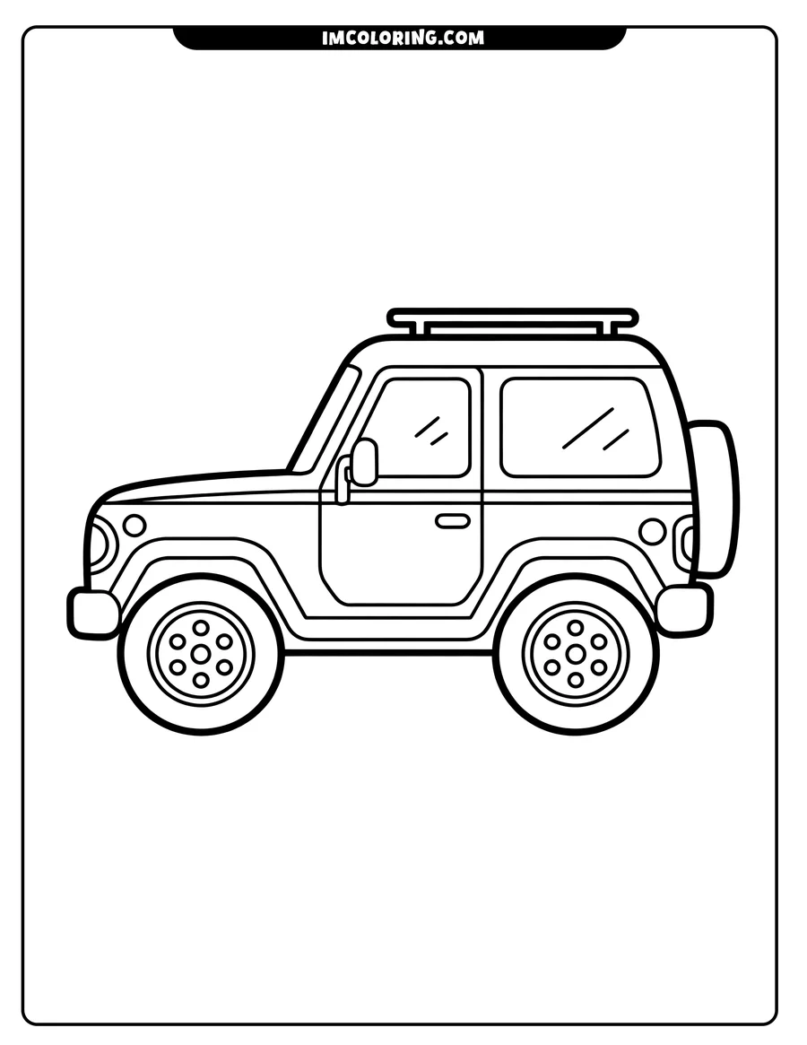 Line art of an SUV with a roof rack and spare tire, viewed from the side.
