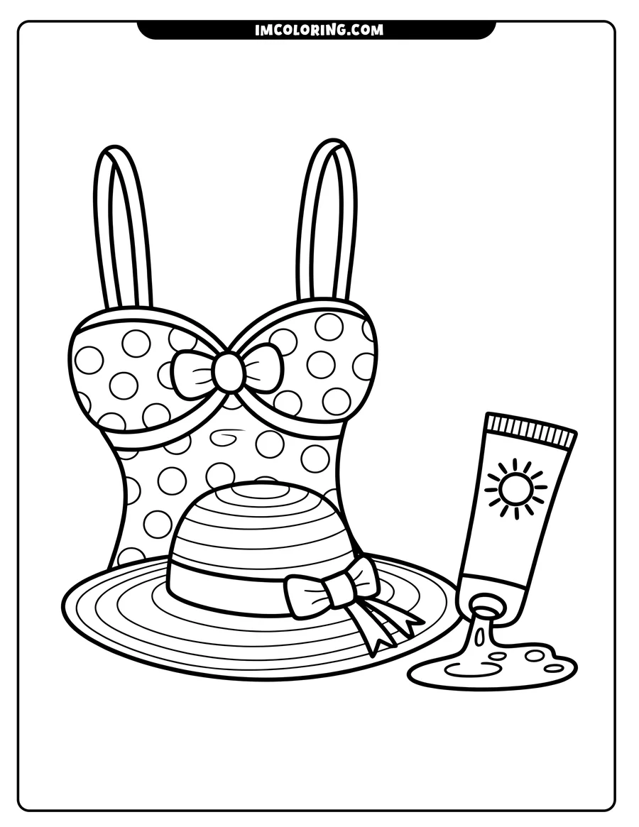 Line art of a polka dot swimsuit top, striped sun hat, and tube of sunscreen with a sun image