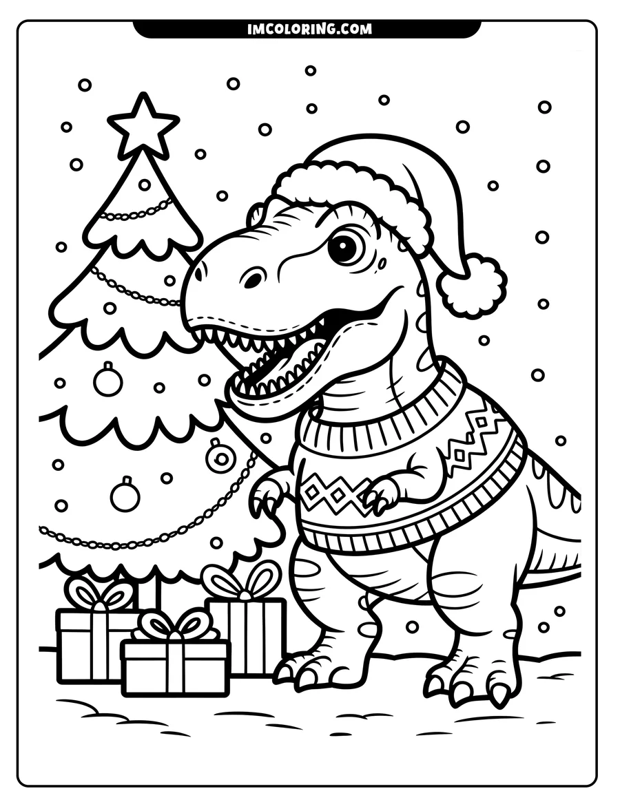 Line art of a T-Rex wearing a Christmas sweater and Santa hat, standing next to a decorated Christmas tree with presents underneath. Snowflakes fall around them.