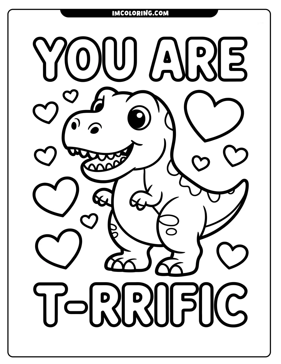 Outline of a friendly T-Rex surrounded by hearts, with the words 'You Are T-rrific'.