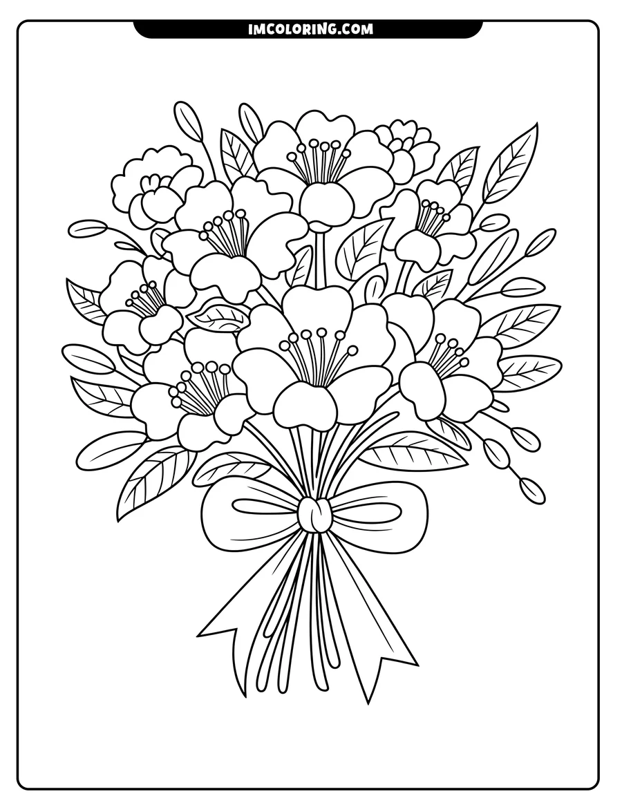 Outline of a tied flower bouquet with a variety of blossoms and leaves.