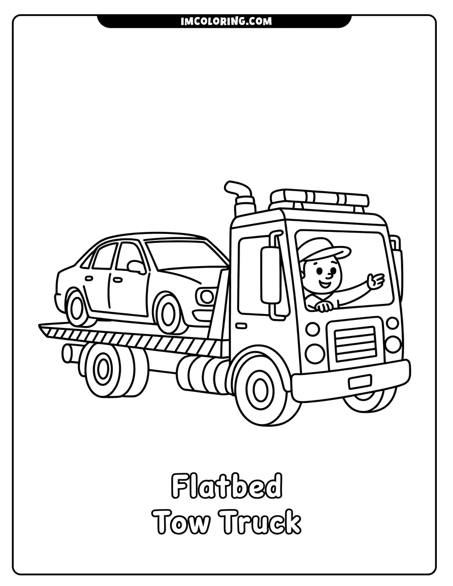 Outline of a tow truck carrying a car on its flatbed. The driver is waving from inside the truck's cab.