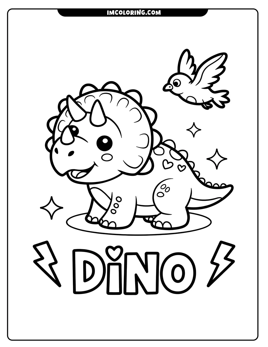 Outline of a triceratops dinosaur with heart markings and a bird in flight.