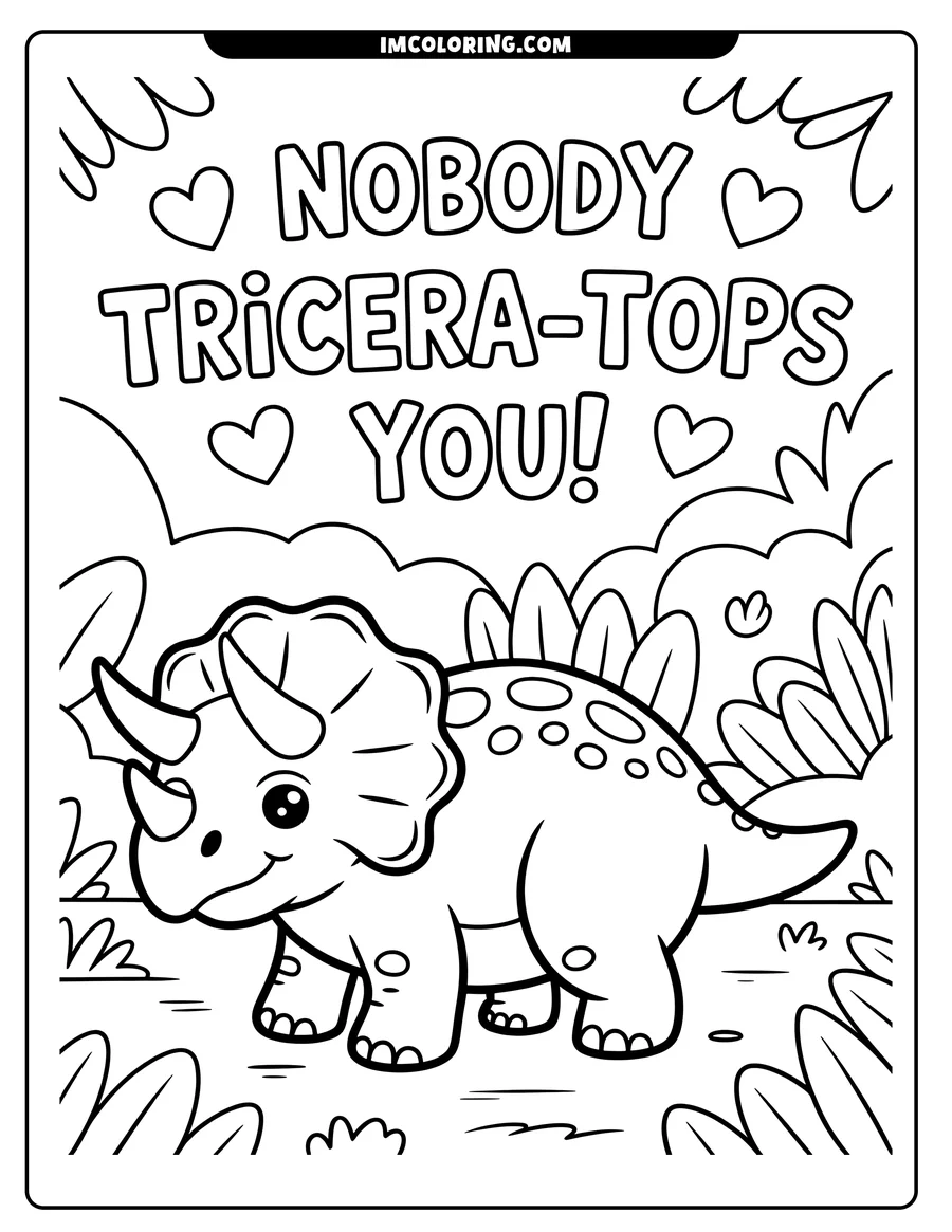 A cartoon triceratops with three horns and a spotted frill stands in a grassy area.