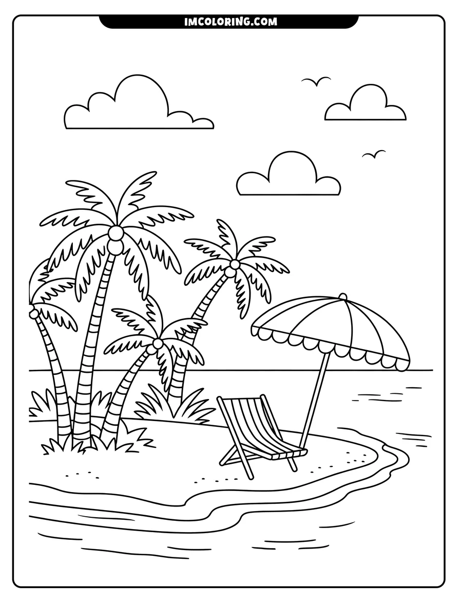 Line art of a tropical island scene with palm trees, a beach chair, an umbrella, and the ocean.